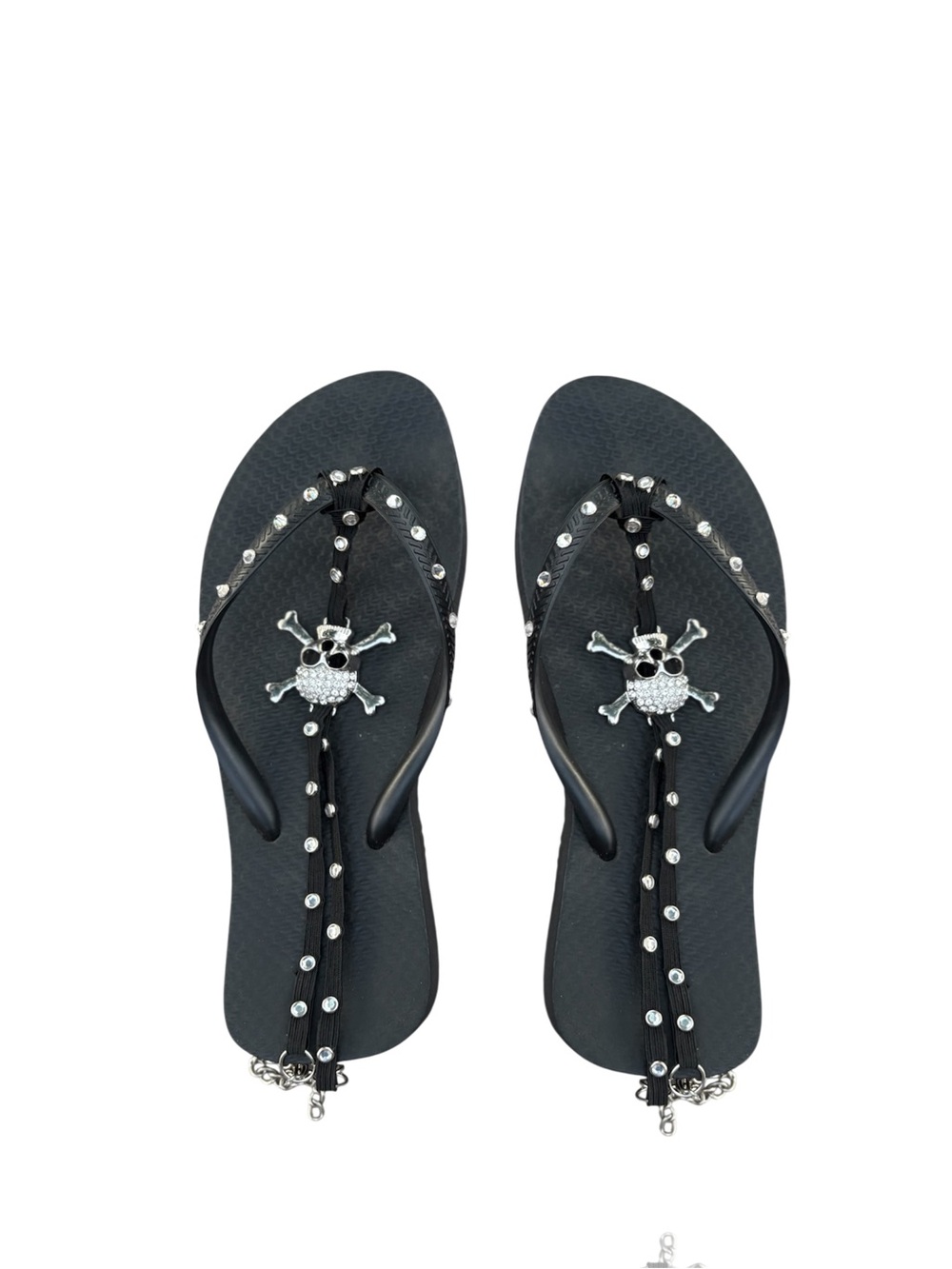 Black Jeweled Skull Flip Flops Ankle Strap Rhinestone Goth Grunge